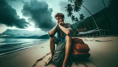 Грустный турист сидит на пляже на чемоданах на фоне туч